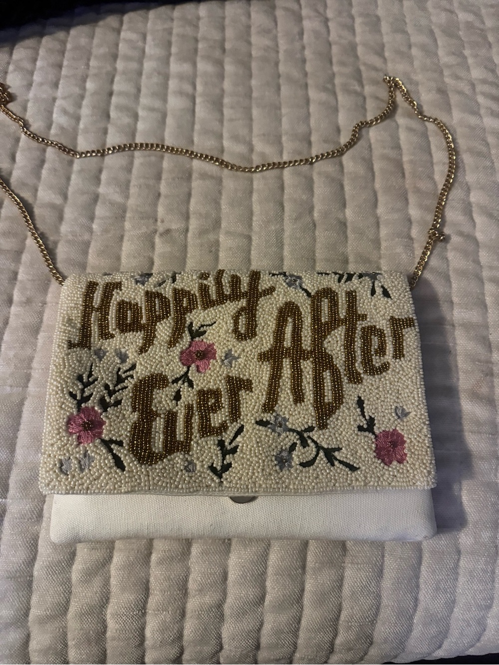 Beaded 'Happily Ever After' Floral Crossbody Bag - White/Gold